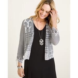 Chico’s Ruched Sleeve Cardigan Sweater Black White Floral Paisley Print Sz L 2